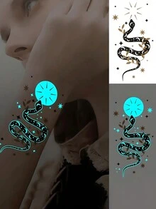 6 Stücke leuchtende wasserdichte temporäre Tattoos mit frischen Designs und langanhaltender Simulation, großem blau leuchtendem und weißem glühendem Tinten Original Körperkunst temporäre Tattoo-Aufkleber im Y2k Stil mit Glitzer Schlangen Rosen Flammen Schmetterling-Muster, wasserdichtes Fake-Tattoo, hält 2-5 Tage, verdeckt Narben, kann auf Armen, Handgelenken, Schultern, Beinen, Taille, Nacken, Hand, Brust, Oberschenkel, Finger aufgetragen werden, Party Geburtstagsüberraschung, zufällige Glow-in-the-Dark wasserdichte temporäre Tattoos leuchtend Glitzer Tattoo für Frauen und Männer - Verschiedenfarbig - Übersicht 10