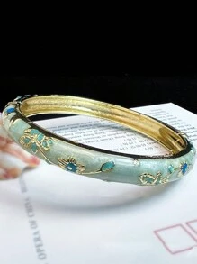 1 pieza Pulsera bohemia nueva y elegante estilo con esmalte champlevé chapado en oro y patrón floral, adecuada como joyería para mujeres y niñas