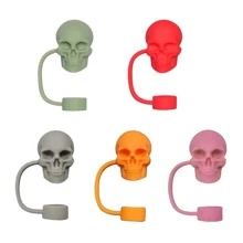 1pc/5PCS 3D Cute Skull Straw Cover Cap, 10mm Well Made Halloween Skull Shape Silicone Straw Cover Fit Straw Dust Proof Reusable Straw Topper