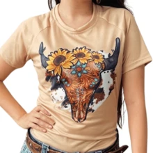 Blusa Vaquera manga corta en color marrón claro con estampado de cráneo de toro con flores. - Caqui - Ver 2