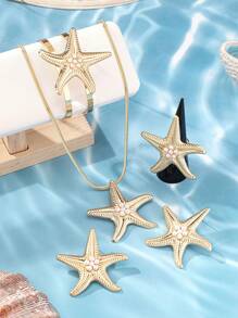 5 件套时尚海滩风格珍珠釉海星吊坠项链、开口手镯、戒指、海星耳环、休闲夏威夷百搭女士礼品套装 - 金黃色 - 查看 5