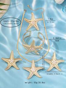 5 件套时尚海滩风格珍珠釉海星吊坠项链、开口手镯、戒指、海星耳环、休闲夏威夷百搭女士礼品套装 - 金黃色 - 查看 10