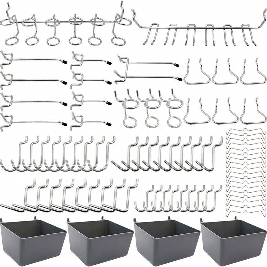 80pcs Set Pegboard Hooks Set, Pegboard Hooks Assortment With Pegboard Bins, Pegboard Hooks With Bins Pegboard Hooks With Bins, Peg Locks, For Organizing Various Tools - Silver - View 1