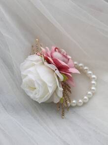 1 Stück wunderschöne rosa & weiße koreanische Braut Handgelenkscorsage, Brautjungfern Hochzeitsfeier Accessoire, hochwertige Braut Gunst, hervorragende Perlen Kette Armband Valentinstag