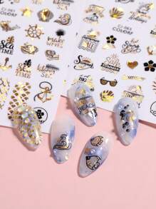 4 hojas Pegatina de uñas con diseño veraniego de árboles de coco y palmeras tropicales en láser negro, dorado y plateado, follaje y playa del océano, calcomanías de arte de uñas de verano - Multicolor - Ver 5