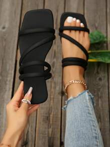 Damen Sommer neue Fairy Style Riemchensandalen, offene quadratische Zehenflache Pantoffeln, geeignet für den Outdoor-Gebrauch - Schwarz - Übersicht 1