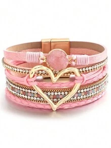 KISMIS針織皮革手鏈，波西米亞風格多層手鐲磁扣珠寶飾品，適用於少女，生日和節日禮物