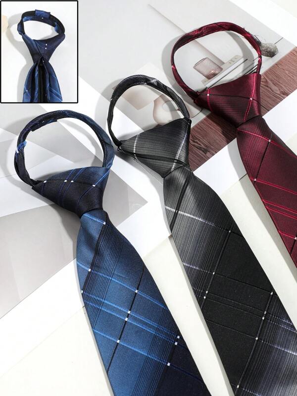 1pc Men's Casual Gradient Striped Plaid Pattern Tie With Zipper, Suitable For Business And Daily Wear Men Necktie