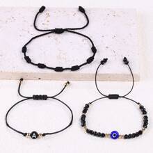 Ensemble de 3 bracelets à lettre à œil maléfique en verre tressé à la main avec sept cordes noires pour femmes