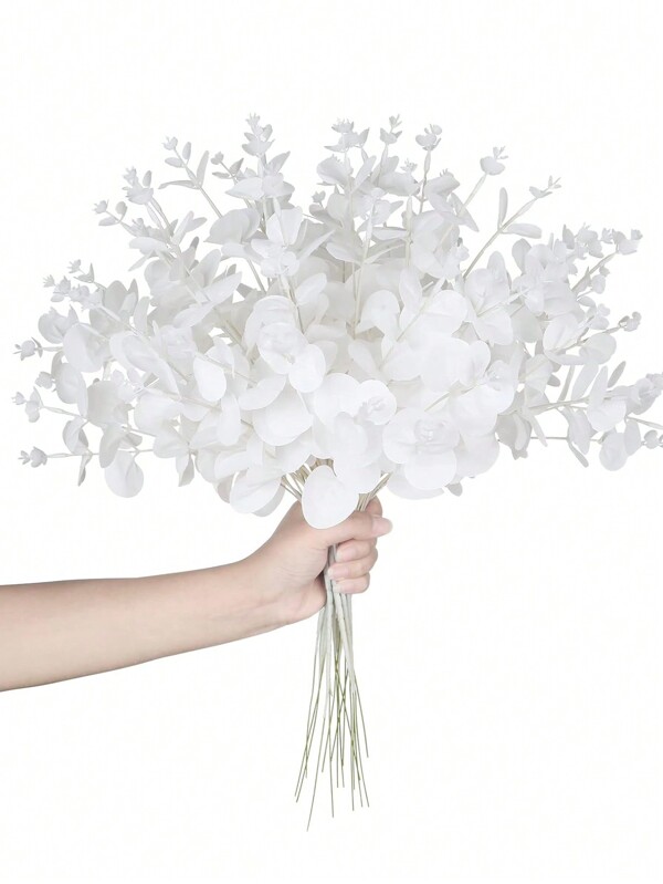 1pc Artificial Eucalyptus Stems Bouquet White Faux Silk Eucalyptus Leaves With 4 Branches Real Touch Leaf Stem For Vase Wedding Home Party Decor Table Centerpiece DIY Flower Arrangements, Valentine Day, Gift Gifts Birthday Graduation