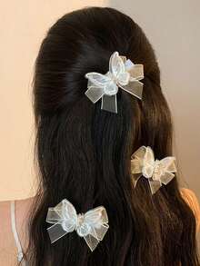 2 件儿童卡通白色网状蝴蝶仿珍珠发夹欧美风格鳄鱼发夹仙女美丽蝴蝶发夹侧发夹 - 白色 - 查看 5