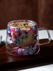 1 pieza Taza de vidrio de doble capa muy atractiva y creativa con asa, con flores secas y arenas, ideal para uso doméstico con café, leche e incluso líquidos a alta temperatura - Multicolor - Ver 1