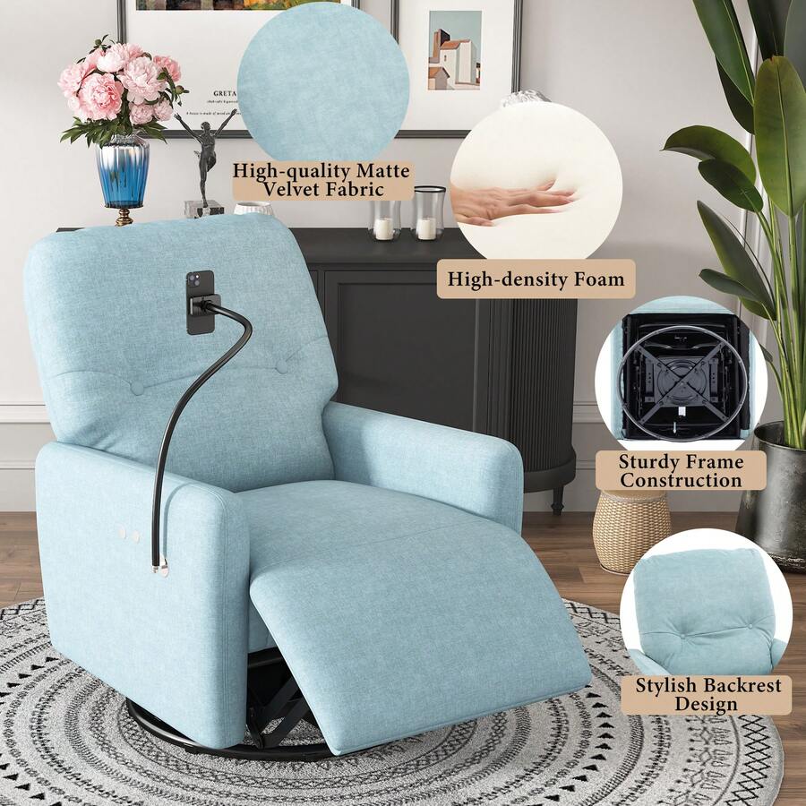 MERAX 270 Degree Swivel Electric Recliner Home Theater Seating Single Reclining Sofa Rocking Motion Recliner With A Phone Holder For Living Room - Màu xanh lam - Xem 1