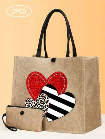 1 件三色彩色心形印花手提包，女式伴娘手提包，送给家人和爱人的最佳礼物，情人节礼物，便携式手提包，多功能购物袋，大容量，非常适合旅行，适合上下班、上学、海滩度假携带，毕业礼物，时尚单品配有钱包，时尚心形钱包，与情人节连衣裙完美搭配