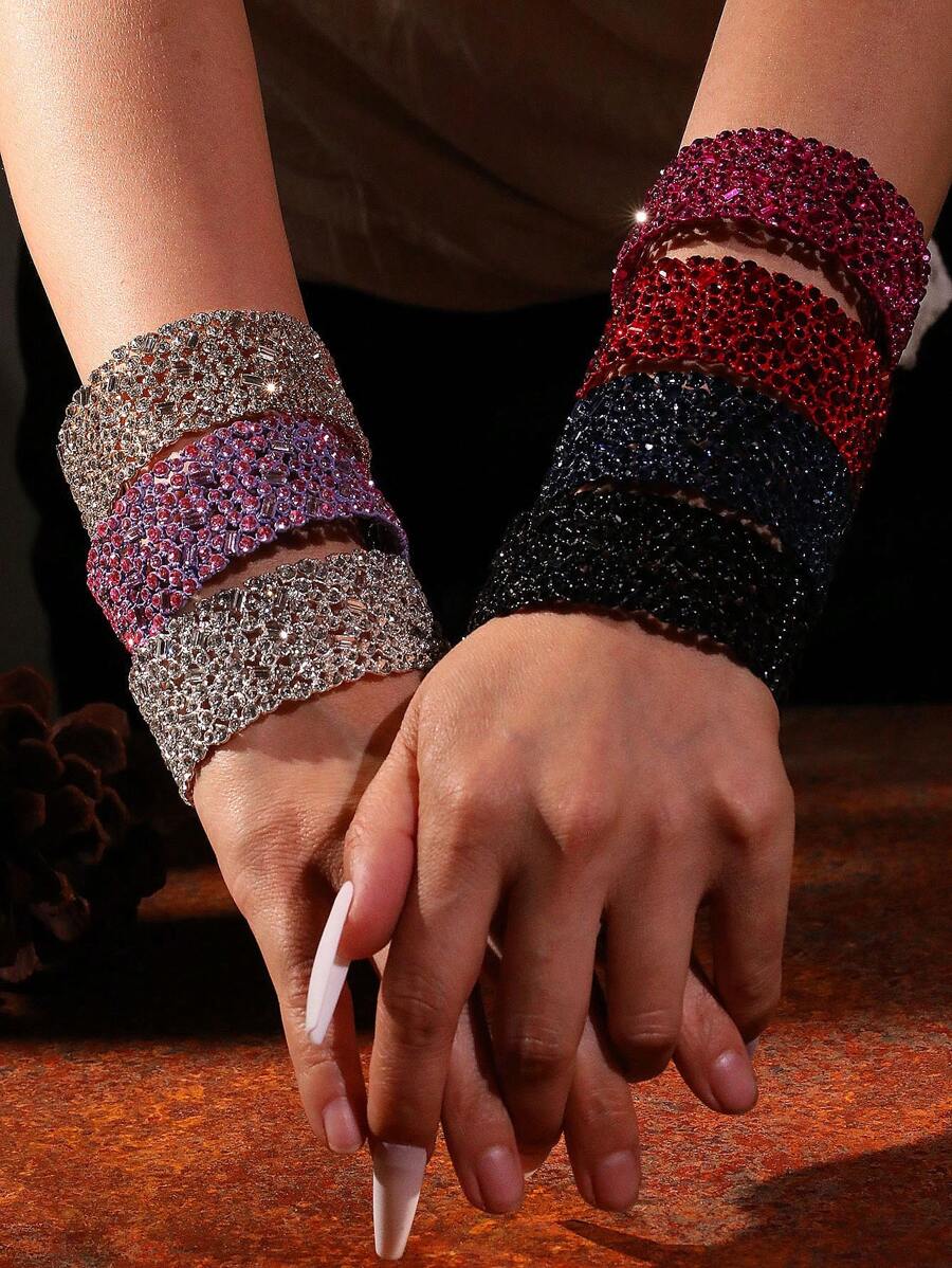 1 件彩色水钻弹性手链适合女性晚会和日常佩戴 - 1件滿鑽彩色手鐲 - 查看 1