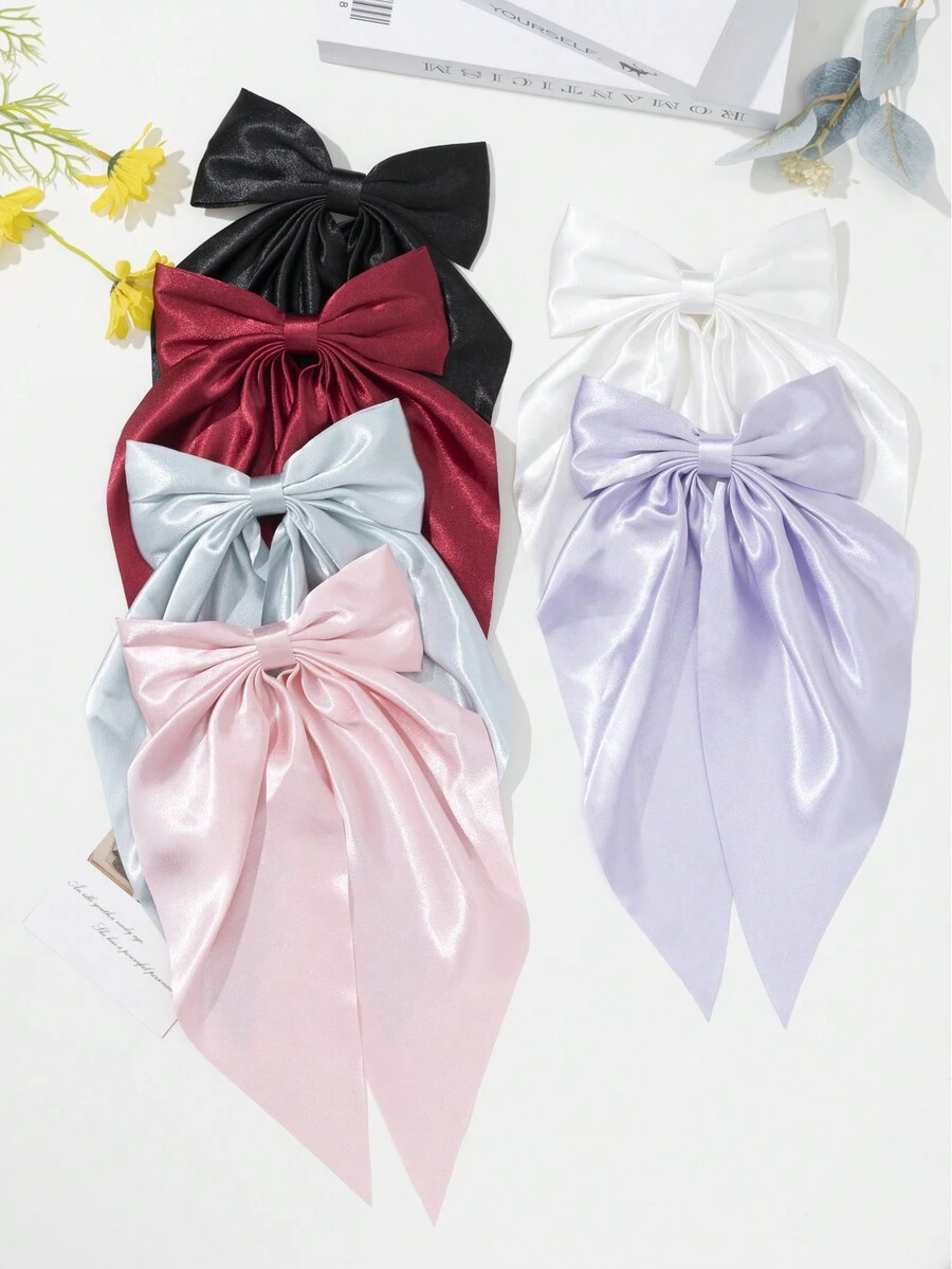 6PCS Satin Ribbon Oversized Bow Hair Clip Solid Color Fairy Beauty Back Head Spring Clip Summer Fresh Sweet Hair Accessories For Girls - Green - View 1