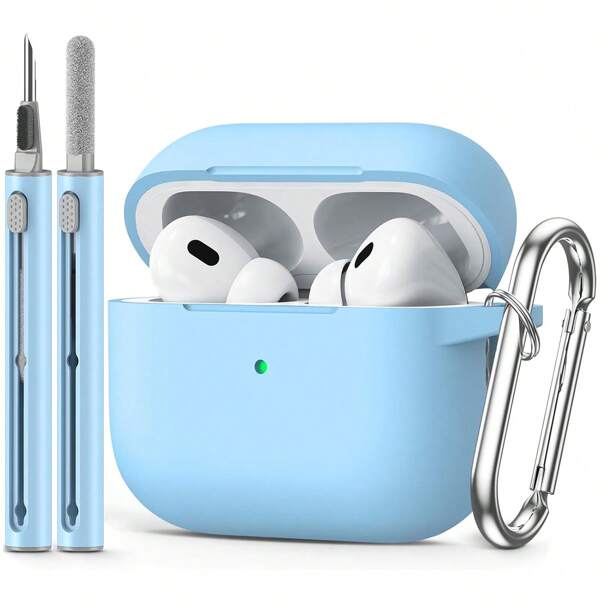 1pc Solid Color Silicone Protective Case With Carabiner Strap & Cleaning Brush