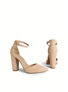 Women Ankle Strap Chunky Heel High Heels Pumps Closed Pointed Toe Fashionable Elegant Wedding Pump Shoes - 杏色 - 查看 8