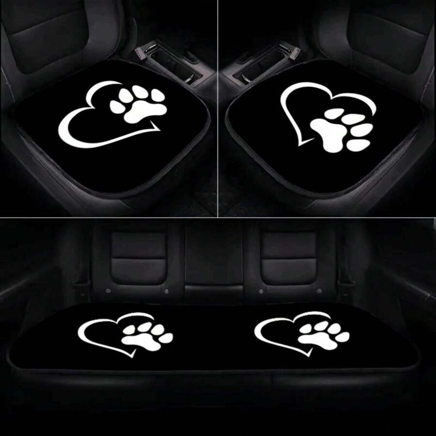 1pc/3pcs Dog Paw Print Car Seat Cushions Set - Polyester Fiber Comfortable Padding For Front And Rear Seats With Anti-Slip Backing For Car Interiors - Rear 1pc - View 1
