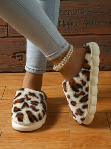 潮流时尚感豹纹家居室内外情侣防滑女士半包毛拖鞋 - 白棕色 - 查看 2
