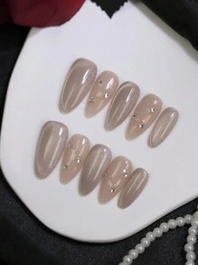 100% Puntas de Uña de Almendra Hechas a Mano Presionadas 10pcs Consejos de Uñas de Albaricoque Brillante Glossy Cat's Eye Uñas Manual con Brillo Rhinestones Encantos de Uñas Falsas Puntas de Uñas Reutilizables para Diseño de Arte de Uñas de Cuatro Estaciones Uso Diario uñas falsas uña falsa uña acrílica