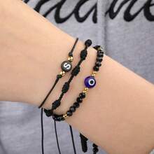 Ensemble de 3 bracelets à lettre à œil maléfique en verre tressé à la main avec sept cordes noires pour femmes