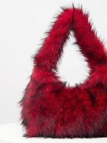 Y2K毛絨肩袋，多巴胺風格新月形袋，拼色腋下袋，時尚多用途手提袋，可愛女士錢包（隨機圖案）