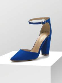Women Ankle Strap Chunky Heel High Heels Pumps Closed Pointed Toe Fashionable Elegant Wedding Pump Shoes - Xanh đậm - Xem 2