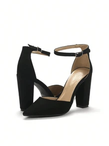 Women Ankle Strap Chunky Heel High Heels Pumps Closed Pointed Toe Fashionable Elegant Wedding Pump Shoes - Da lộn màu đen - Xem 4