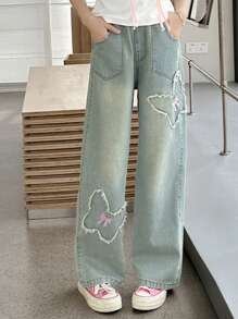 夏季女童蝴蝶刺绣牛仔短裤 - 藍色 - 查看 4