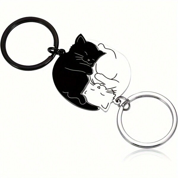 1 Pair Adorable Cat Keychain - Made Of Stainless Steel, Adorable Couple Design, Perfect For Partners Or Friends - Romantic Valentine's Day Gift Idea, Thoughtful Birthday Present For Cat Lovers Cat Key Chain