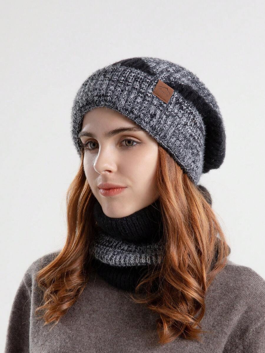 1pc Thickened Women's Warm Earflap Beanie And Fleece Scarf Set Winter Fall - Black - View 1