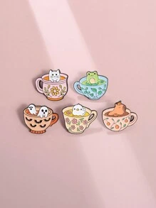 5pcs Creative Cute Animal Cup Shaped Brooch Pin Cartoon Badge, Fashionable Jewelry Suitable For Daily Wearing On Clothes & Backpacks By Men And Women