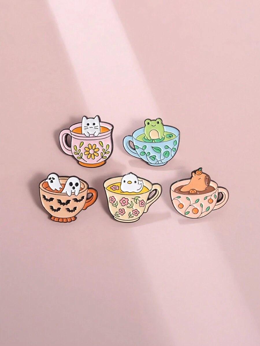5pcs Creative Cute Animal Cup Shaped Brooch Pin Cartoon Badge, Fashionable Jewelry Suitable For Daily Wearing On Clothes & Backpacks By Men And Women
