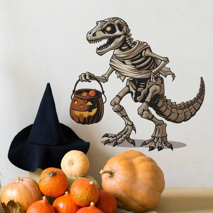 1 件万圣节骷髅恐龙南瓜图案自粘 PVC 墙贴，可移除窗户贴花，适用于卧室、客厅、家居或派对装饰防水墙纸，适用于客厅装饰、宿舍装饰、返校用品、万圣节装饰 - 彩色 - 查看 1
