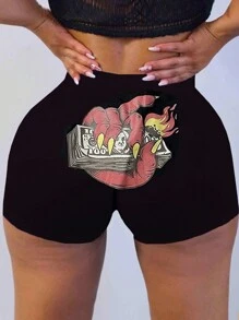 黑色卡通印花可愛的短褲，夏季運動休閒歐美風格女士內衣 - 黑色 - 查看 1