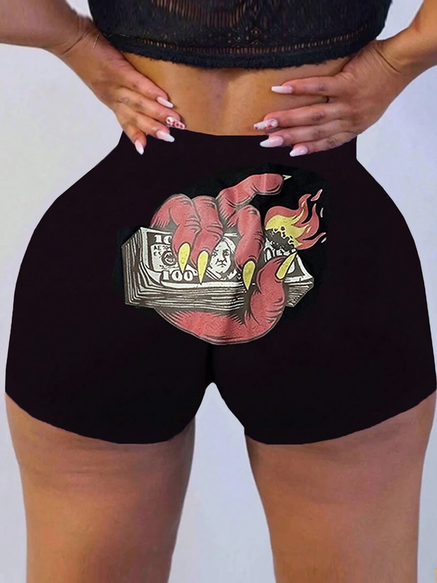 黑色卡通印花可愛的短褲，夏季運動休閒歐美風格女士內衣 - 黑色 - 查看 1