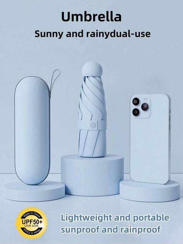 1 pieza Paraguas mini con protección UV para sol y lluvia, paraguas de bolsillo portátil con recubrimiento UV, 6 varillas reforzadas, paraguas de sol azul cielo para viajar, niño, San Valentín Corazón Valentín