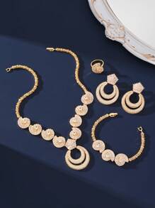 New Zirconia Middle East/Dubai Bride Wedding 4pcs Set: Necklace, Earrings, Bracelet, Ring, Star & Moon Pendant Design, Suitable For Banquet