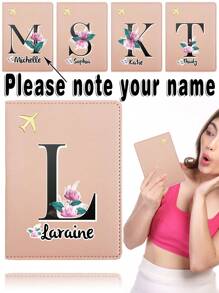 1入定制名稱PU護照套，護照套袖套持有人保護器，銀行商務卡片套組織器，防護超薄皮革便攜式文件存儲袋，超薄ID卡片錢包，錢幣包，防身防盜RFID防水，男女旅行配件，個性化DIY任何名稱字母辦公室商務機票夾摺疊字母初始印花圖案 - 粉紅色 - 查看 1