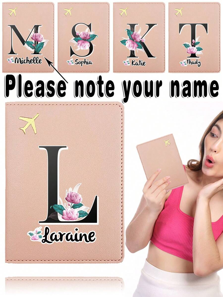 1入定制名稱PU護照套，護照套袖套持有人保護器，銀行商務卡片套組織器，防護超薄皮革便攜式文件存儲袋，超薄ID卡片錢包，錢幣包，防身防盜RFID防水，男女旅行配件，個性化DIY任何名稱字母辦公室商務機票夾摺疊字母初始印花圖案 - 粉紅色 - 查看 1