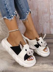 男士牛繡毛絨鞋面防滑軟底透氣卡通牛露趾家用拖鞋3.5厘米跟高可愛風格學生家居臥室庭院辦公室替換外出戶外室內夏季春季透氣柔軟鞋面拖鞋。 - 白色 - 查看 2