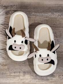 男士牛繡毛絨鞋面防滑軟底透氣卡通牛露趾家用拖鞋3.5厘米跟高可愛風格學生家居臥室庭院辦公室替換外出戶外室內夏季春季透氣柔軟鞋面拖鞋。 - 白色 - 查看 3