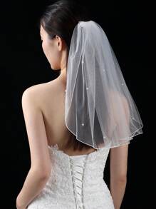 白色优雅新娘面纱，齐肩头纱饰有仿珍珠，适合女性婚礼秋季女士服装 - 白色 - 查看 4