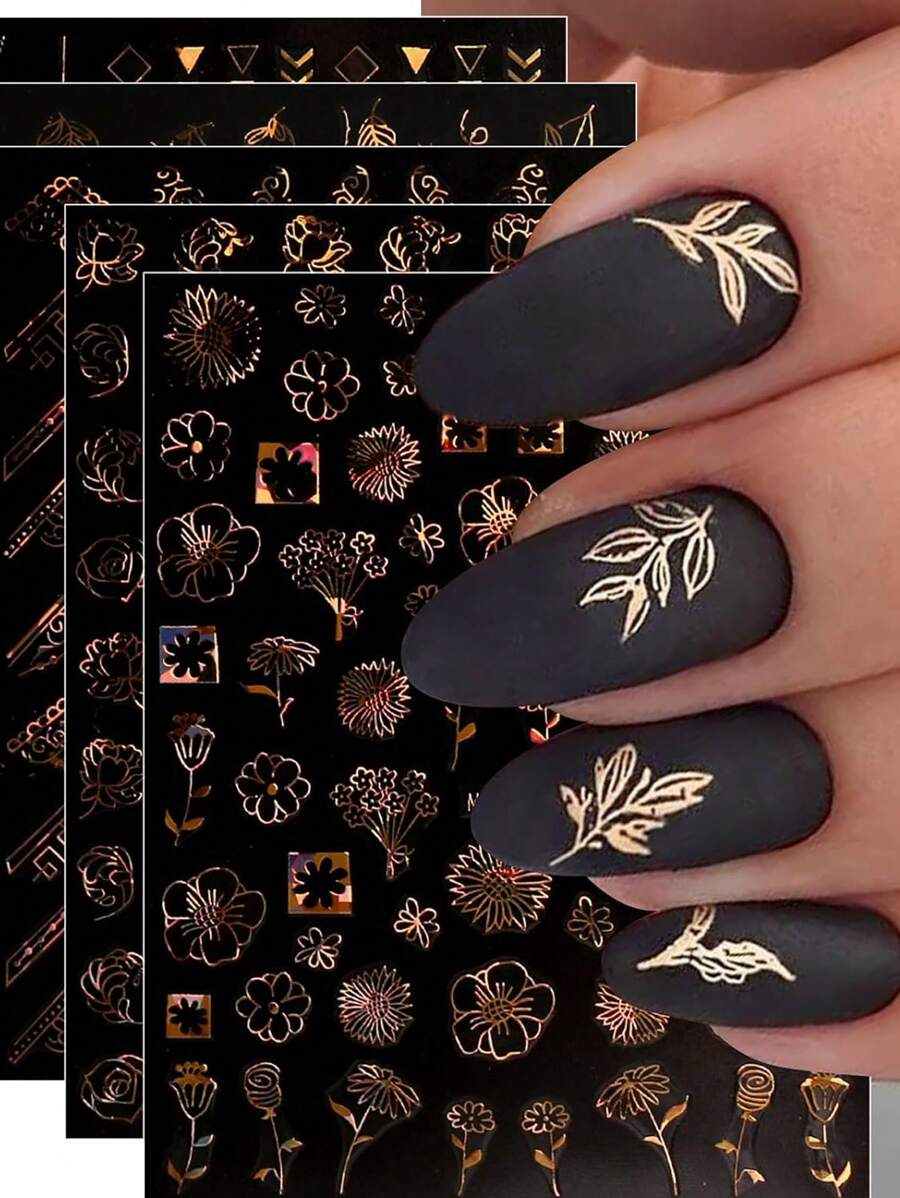 10 件春花指甲贴自粘贴纸夏花金色指甲用品指甲设计装饰配件假指甲贴纸和装饰指甲贴花