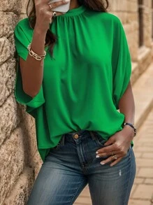 女士小立領拱摺袖蝙蝠袖，休閒套裝和頭飾 - 綠色 - 查看 2