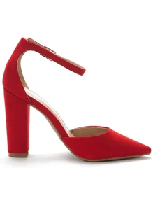 Women Ankle Strap Chunky Heel High Heels Pumps Closed Pointed Toe Fashionable Elegant Wedding Pump Shoes - 紅色 - 查看 5