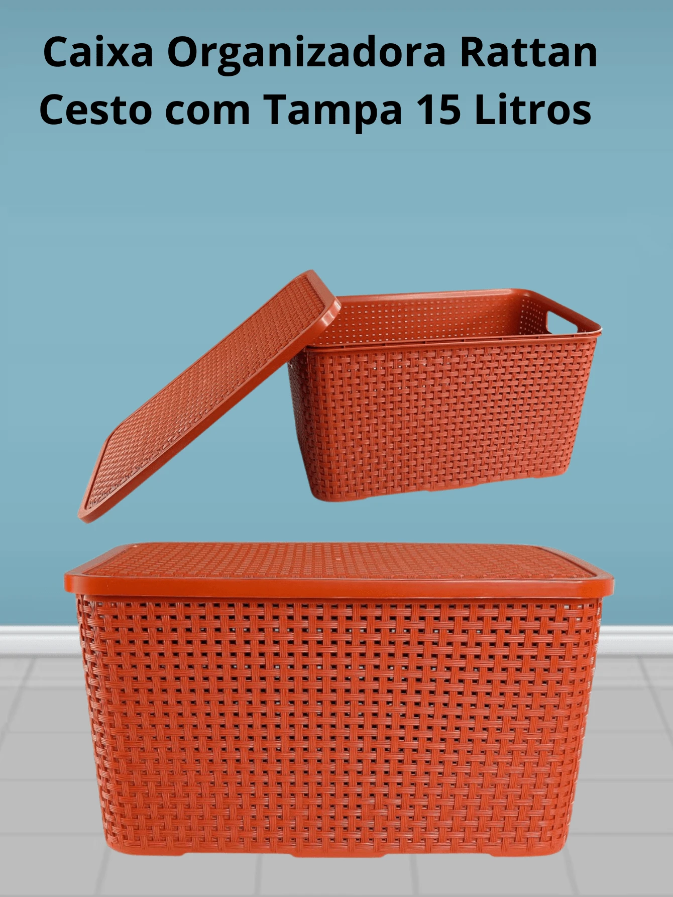Rattan Organizing Basket Box With Lid 15 Liters Medium Basket Storage Organization - Rust Brown - View 1