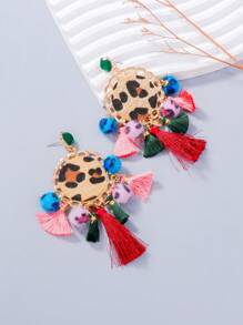 juran 1對女士豹紋印花時尚流蘇耳環，波西米亞度假珠寶 - 粉紅色藍色 - 查看 3