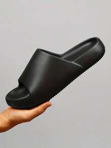 Men's Solid EVA Slides, Non Slip Quick-Drying Open Toe Slippers For Indoor Outdoor Walking And Bathroom Shower, Men's Comfy Beach Slides - Black - View 2